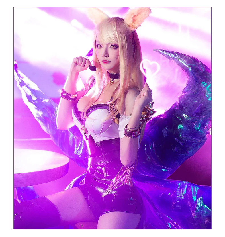 

[March. Stock] 2019 Game LOL KDA Ahri Cosplay Costume PU Leather Uniform K/DA Ahri Cospaly Full Set With Ear For Halloween Free