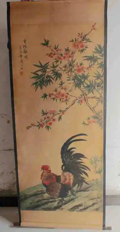 

Rare Hand-painted QingDyansty Chinese vertical axis paintings,gold cock,hand drawn, free shipping