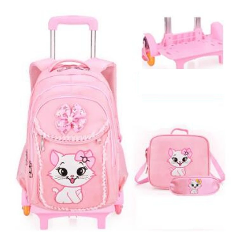 School Wheeled Backpack for Girls with Cute Cat Printing Rolling Backpacks Bag Kids School backpack On wheels Trolley Travel Bag
