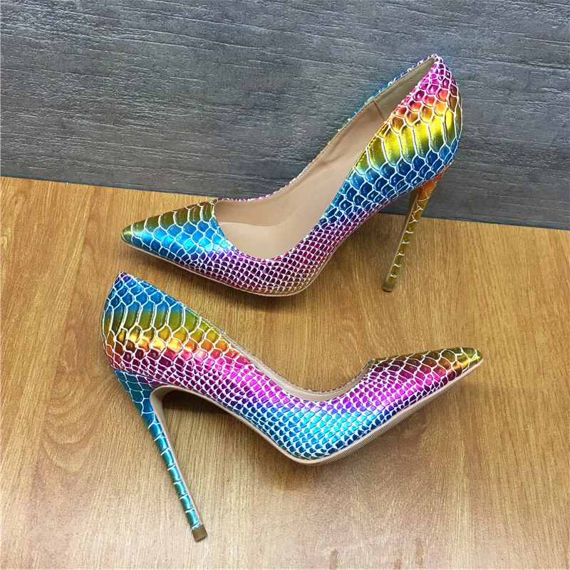 

Brand colorful snake pattern high heels 12CM fine with pointed sexy shallow mouth T platform women's shoes party evening shoes