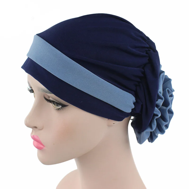 YGYEEG женская мусульманская шапка 12 цветов цветок головной убор шарф модная мягкая шапка s леди лето весна бини эластичная ткань полотенце - Цвет: M136 Navy Blue