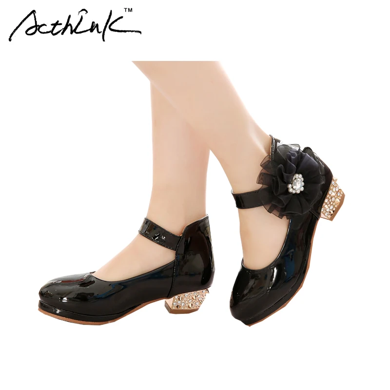 

ActhInK New Girls Formal Wedding Leather Shoes Brand Bridesmaids PU Leather Rivet Shoes Girls Low-heeled Performance Shoes,AS001
