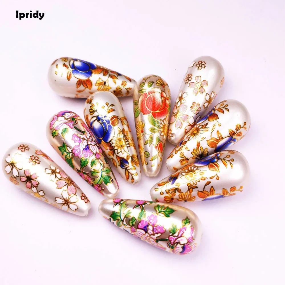 

10 Pcs/lot 13X33mm White Japan Painting Vintage Japanese Colored Drawing Beads Drop the bottom of color Flower Pattern Opaque