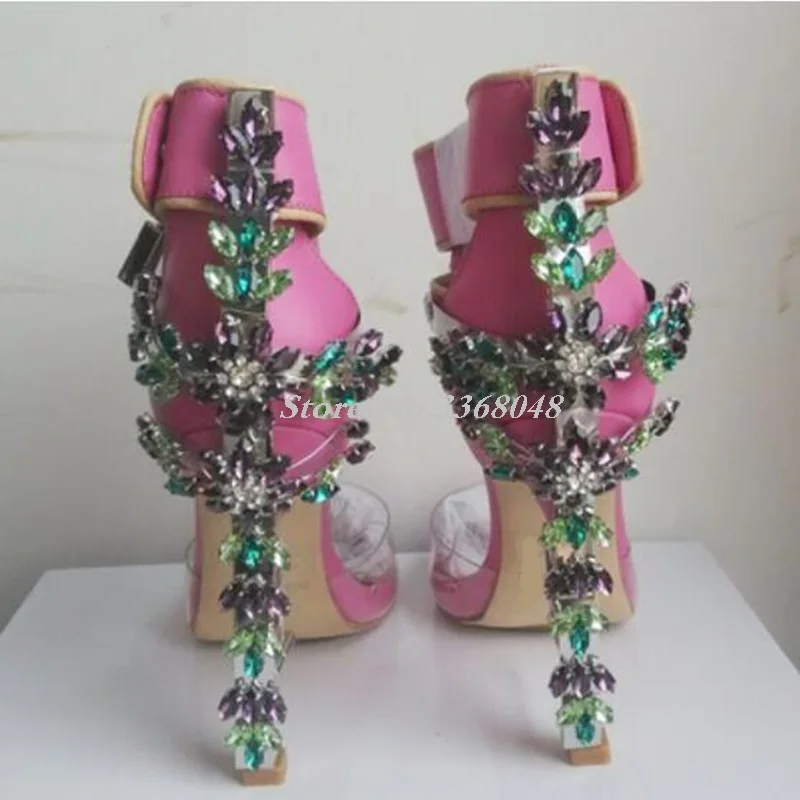 Luxury Shoes Women Designers Gemstone Jeweled Gladiator Sandals Transparent PVC Patchwork Padlock Ankle Strap High Heels Shoes
