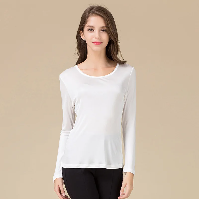 Чистый шелк, женские футболки с длинным рукавом, Женские базовые футболки с круглым вырезом, женские футболки, рубашка, топы, модные женские футболки - Цвет: Белый