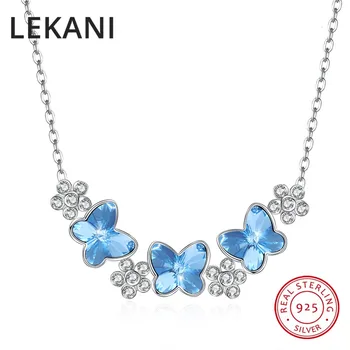 

LEKANI Crystals From SWAROVSKI Butterfly Flowers Necklaces Pendant Real S925 Silver Choker For Women Luxury Fine Jewelry Gifts