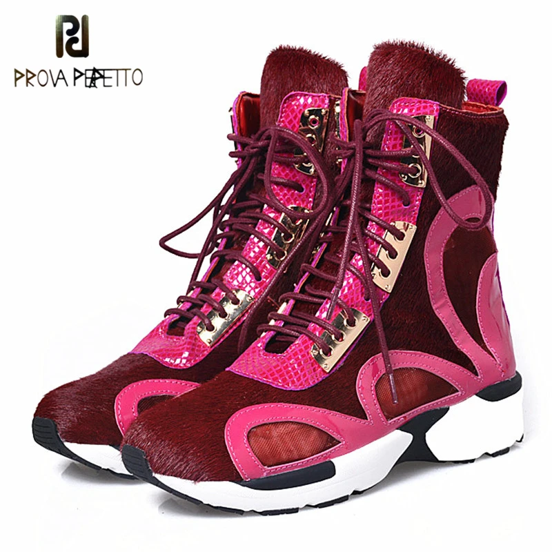 

Prova Perfetto New Arrival Leisure Style Genuine Leather With Fur Mixed Color Woman Boots Breatheable Out-side Wedge Boots