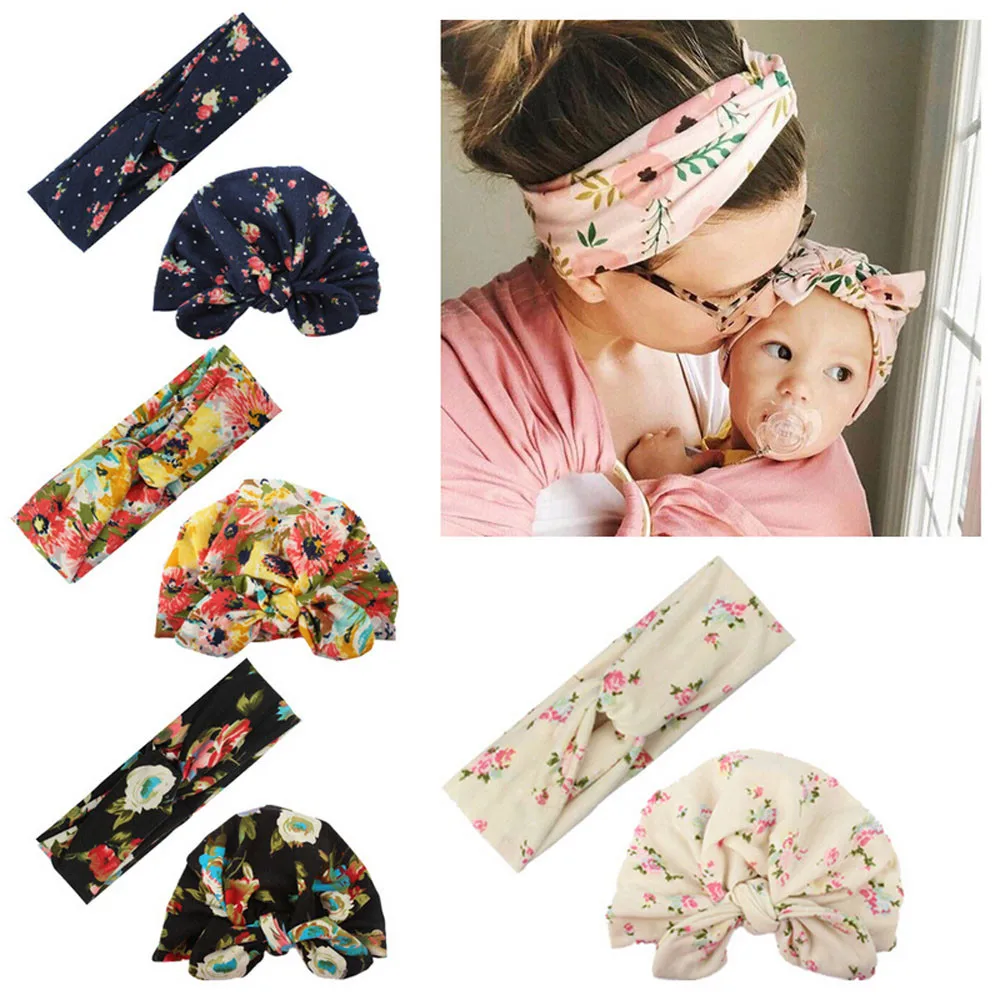 

2Pcs New Mom and Baby Floral Printed Cross Headband Sets Toddler Baby Girl Rabbit Ear Hat Cute Headband Turban Cotton Beanie Cap