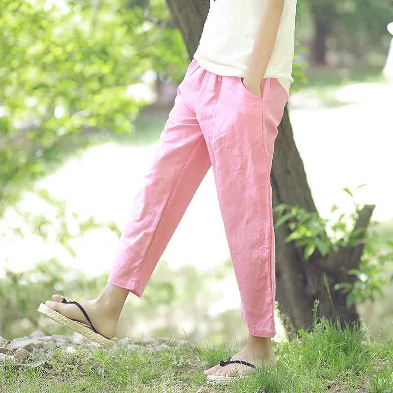 

Women Straight Pants Solid Color Black White Blue Cotton Linen Pants 2018 Summer New Ladies Soft Breathable Trousers Femme