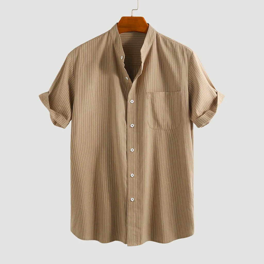 

2019 Summer hawaiian Shirt Men Vintage Splicing Pocket Linen Solid Short Sleeve Retro Shirts Top Blouse Camisas Hombre Plus Size