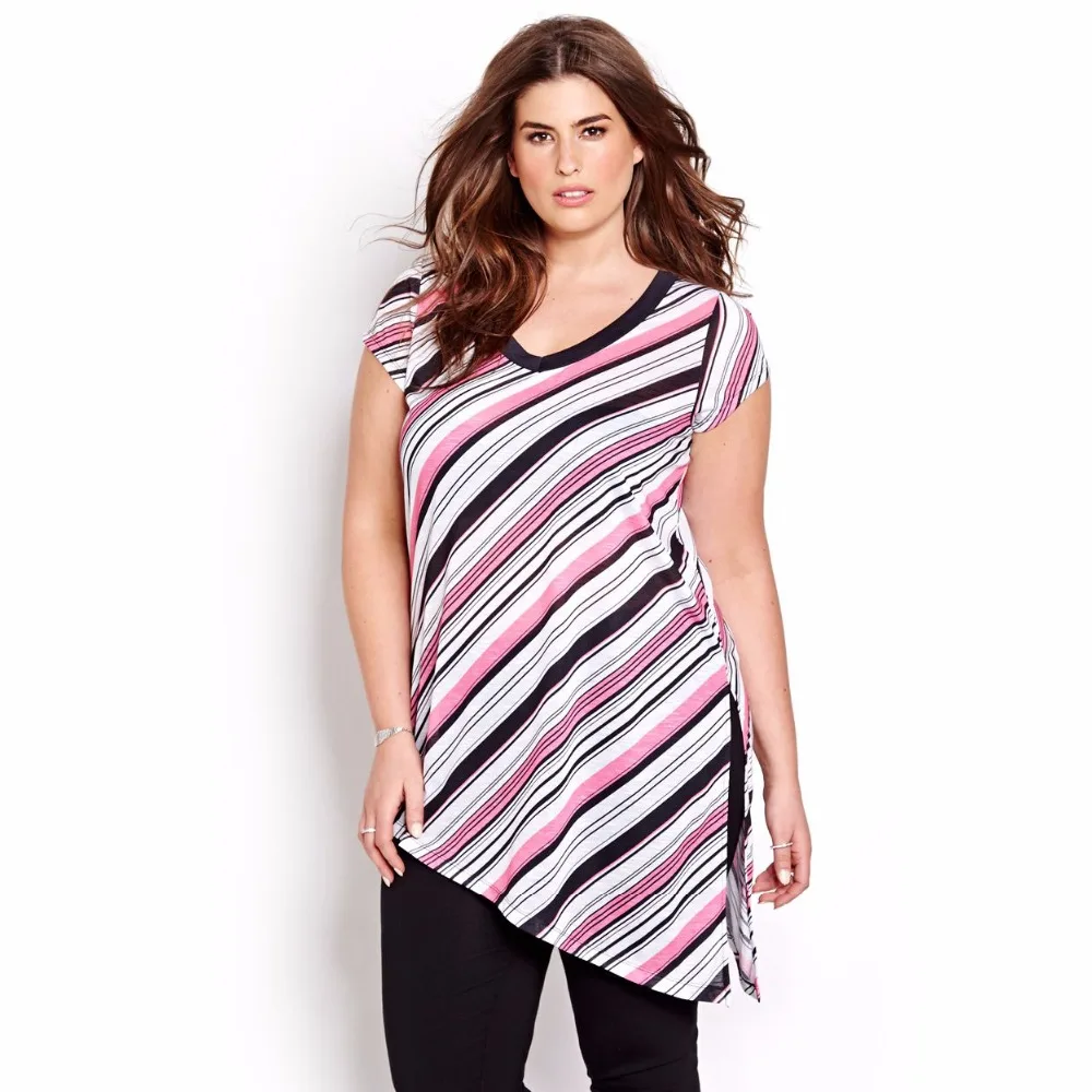 L 7XL Novelty Plus Size Women Stripe Print Keyhole Lightweight Slub