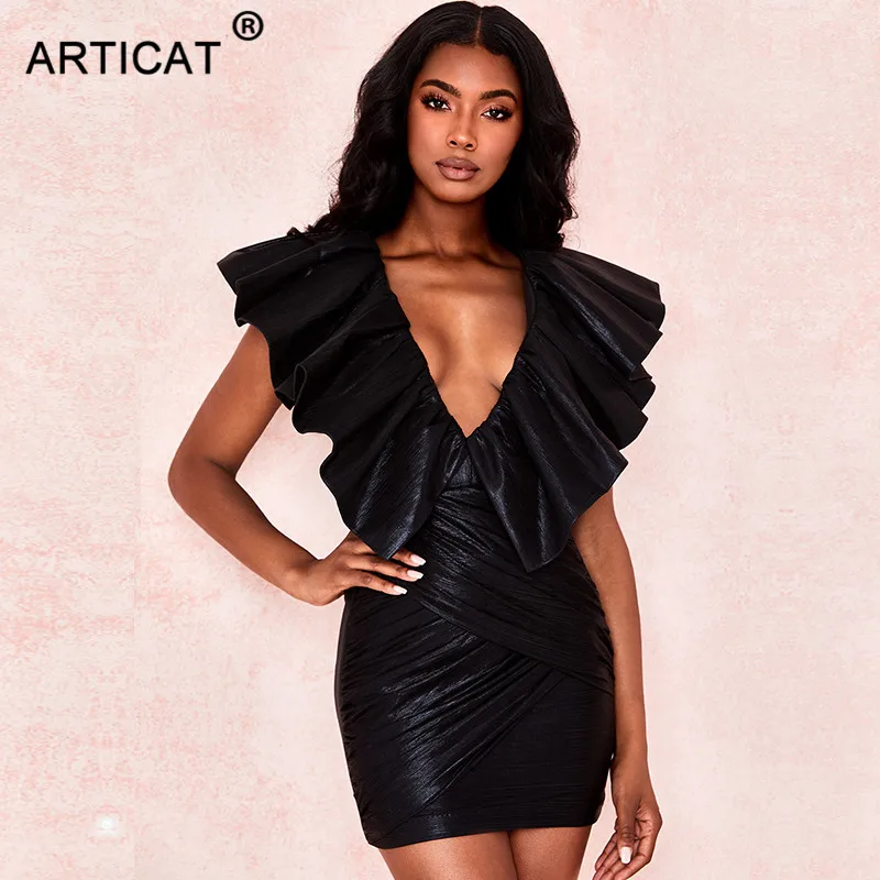 Articat Sexy Deep V Neck Ruffles Party Dress Women Sleeveless Bodycon Summer Dress Black Pleated Short Dress Clubwear Vestidos