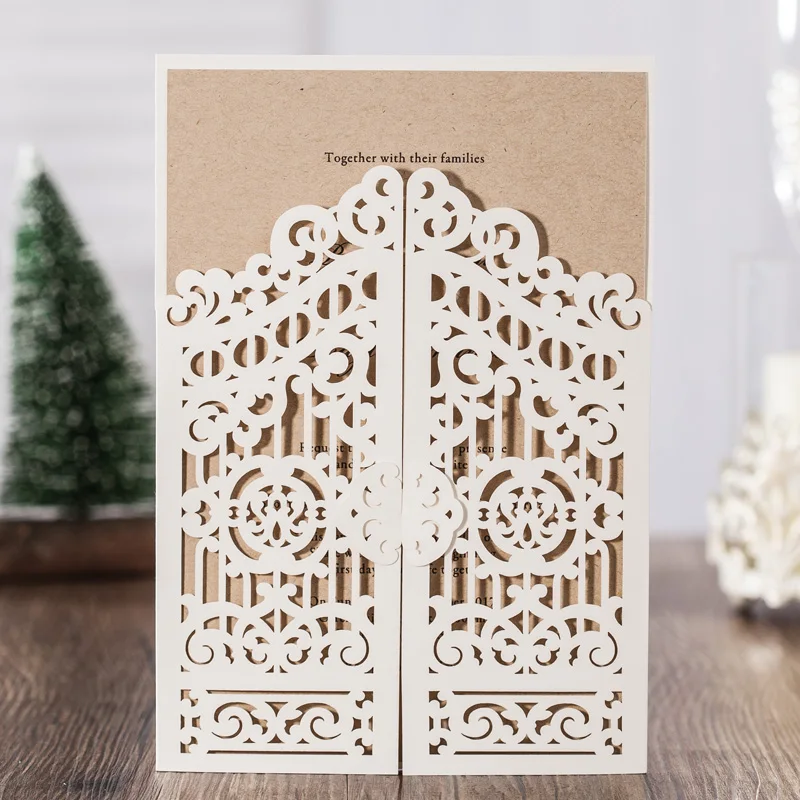 

50PCS Laser Cut Wedding Invitations Cards with Ivory Open Door Hollow Flowers Design Cardstock for Birthday Party Favors CW6178