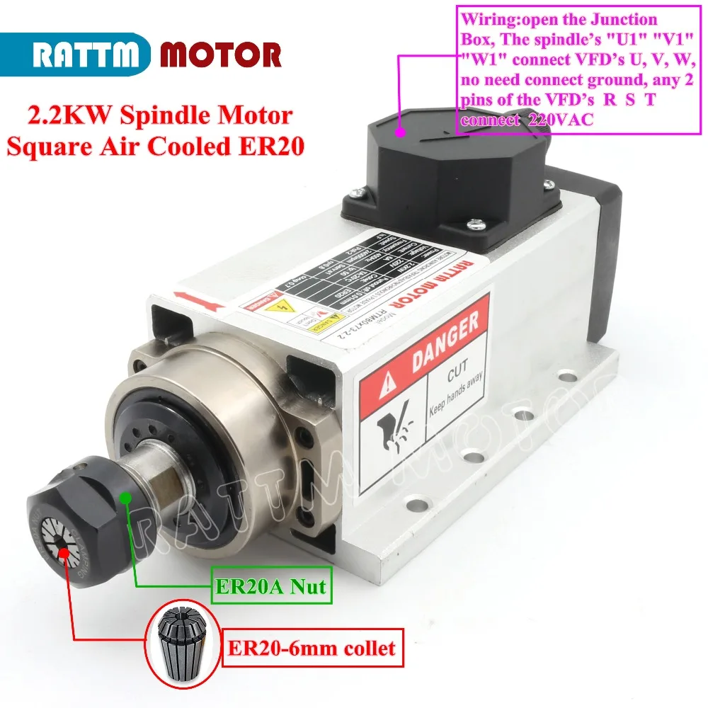 Квадратный 2.2квт качественный Шпиндельный мотор с воздушным охлаждением ER20 4 шт. керамический подшипник с инвертором ЧПУ комплект станков
