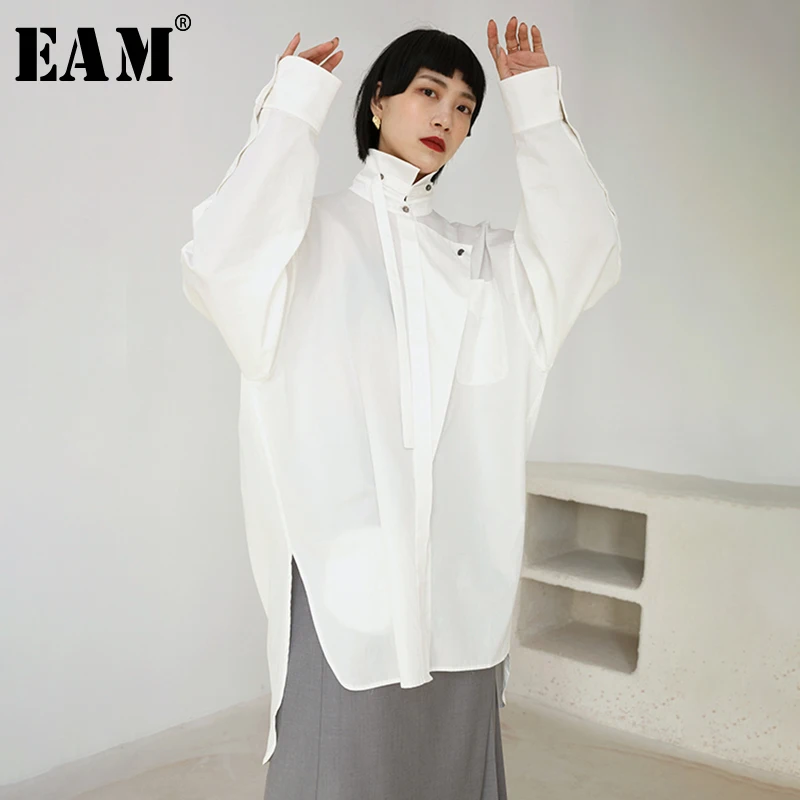 

[EAM] Women Asymmetrical Hemline Big Size Blouse New Stand Collar Long Sleeve Loose Fit Shirt Fashion Spring Autumn 2019 JR449