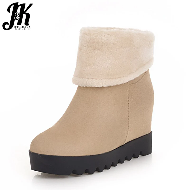 

JK Winter Ankle Women Snow Boots Round Toe Thick Plush Footwear Flock Casual Female Boot Platform Elevator Shoes Women 2018 New
