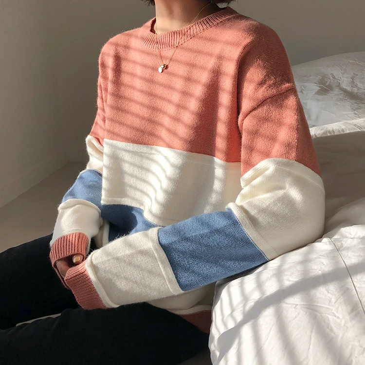 2 цвета корейский элегантный дизайн цвет лоскутное с длинным рукавом трикотажные теплые свитеры для женщин женские свитеры и пуловеры(F1332