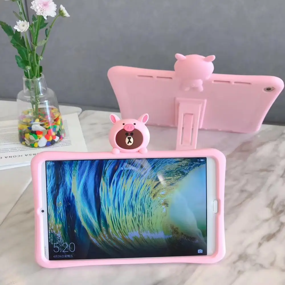 

For Huawei M3/M5/T3 8.4/10.1inch Piggy Bear Hide Stand Silicone Full Cover Protective Case Honor5 xiaomi4 Body Shell Protection
