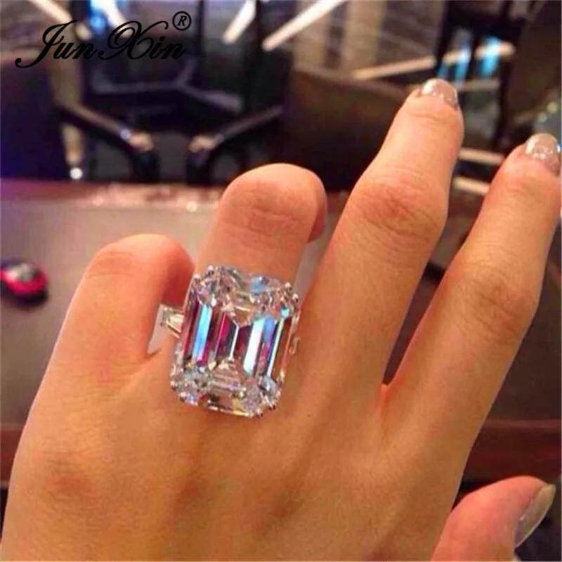 JUNXIN Female Austrian Crystal Princess Cut Stone Wedding Rings For Women 925 Silver Filled Big White Zircon Engagement Jewelry