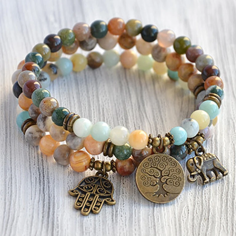 

Set 3 Mala Bracelet Yoga Mala Beads 6mm Picture J-asper Amazonite Crazy Lace Beaded Tree of life Elephant Hamsa Bracelet