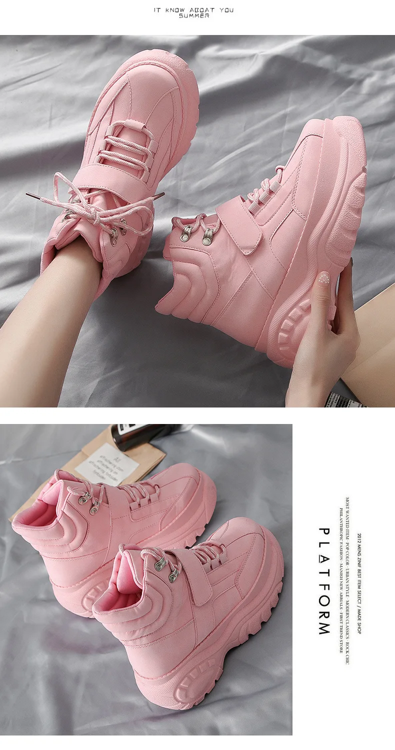 Женские кроссовки с высоким берцем; обувь на толстой подошве 5 см; дышащие кроссовки; цвет белый, розовый; трендовые уличные кроссовки; увеличивающие рост; большие размеры X1-47