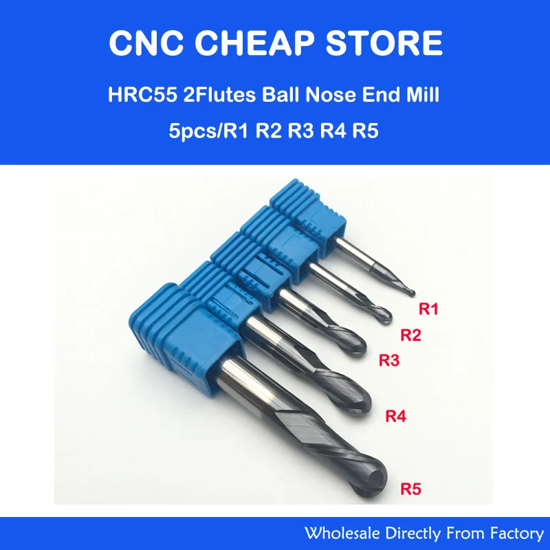 

Free shipping 5pcs/lot R1 R2 R3 R4 R5 Real HRC55 2 flutes ball nose endmill milling cutter CNC router bit, NANO coating bit