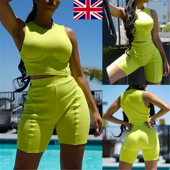 

2019 New UK Women 2 Piece Set Top and Shorts Bodycon Outfits Shorts Sport Set For Girl