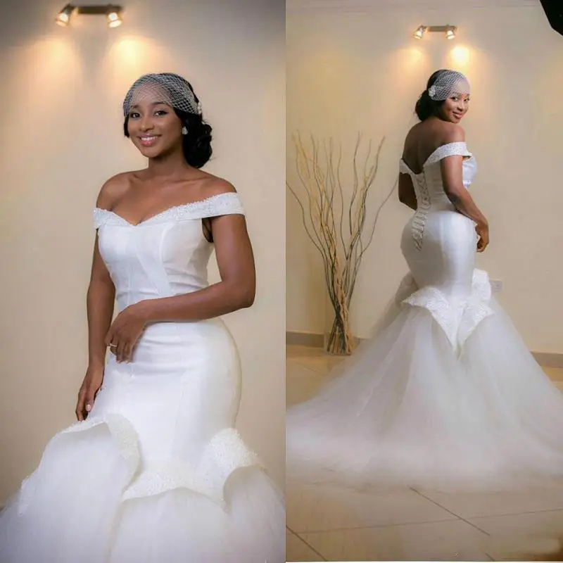 

New Fashion African Mermaid Wedding Dresses 2019 vestido de noiva Black Girl Women Off The Shoulder Wedding Gowns Bridal Dress