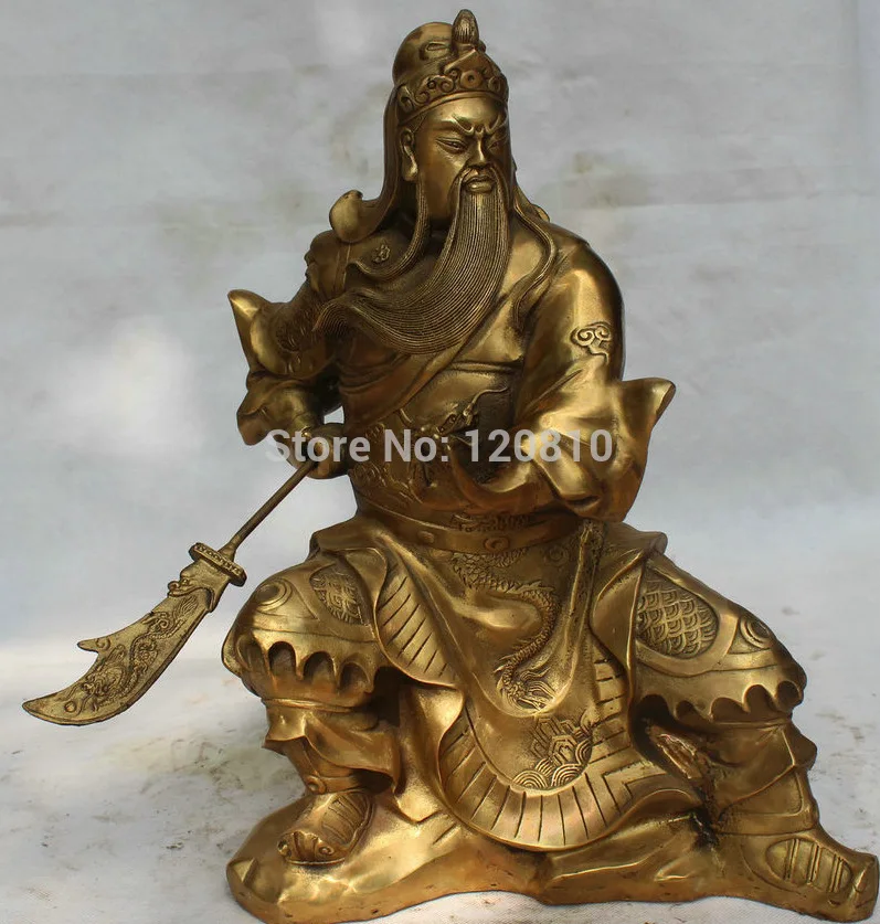 

15" China Chinese Folk Brass Seat General Warrior Guan Gong Yu Statue Sculpture