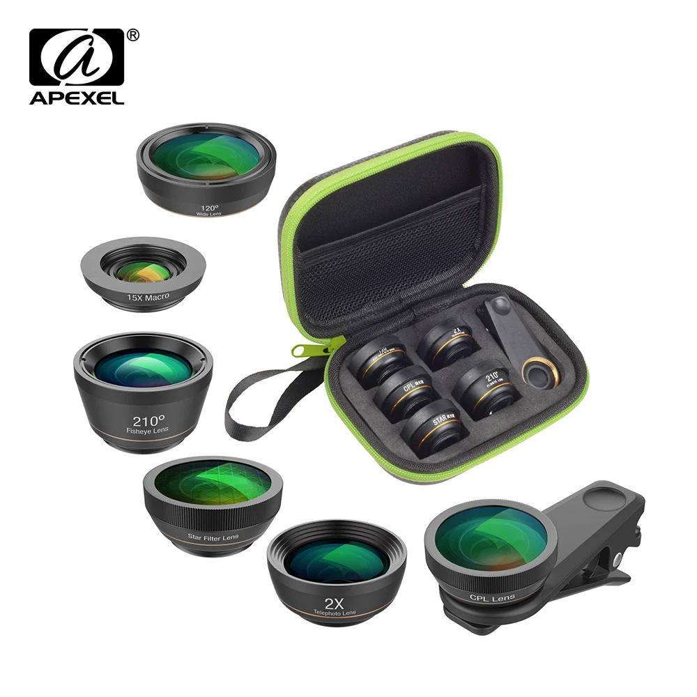 

APEXEL Phone Camera Lens 6 in 1 Fisheye Lens Wide Angle macro Lens cpl Filter 2X tele for huawei samsung all phones dropshipping