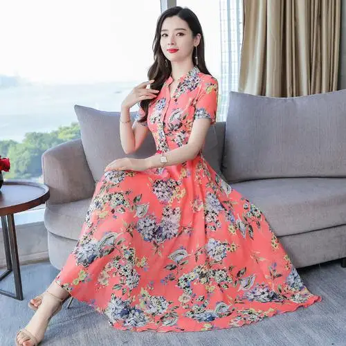 Мода Новое свободное платье женское короткое шикарное шифоновое платье Vestidos однобортное плюс размер винтажное платье Лето - Цвет: Красный