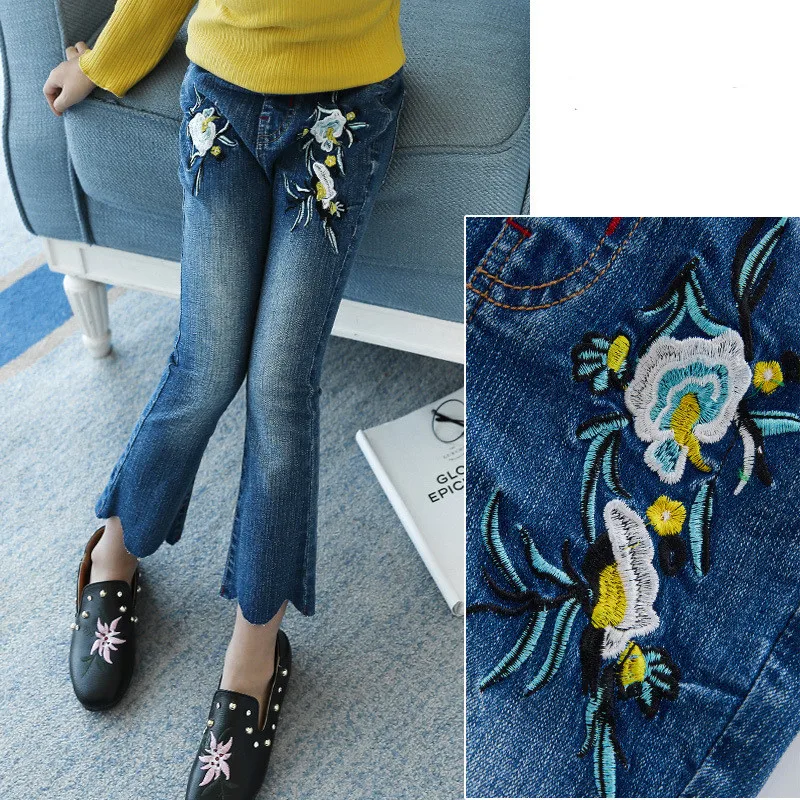 Kids Girls Flower Embroidery Blue Flared Jeans 9