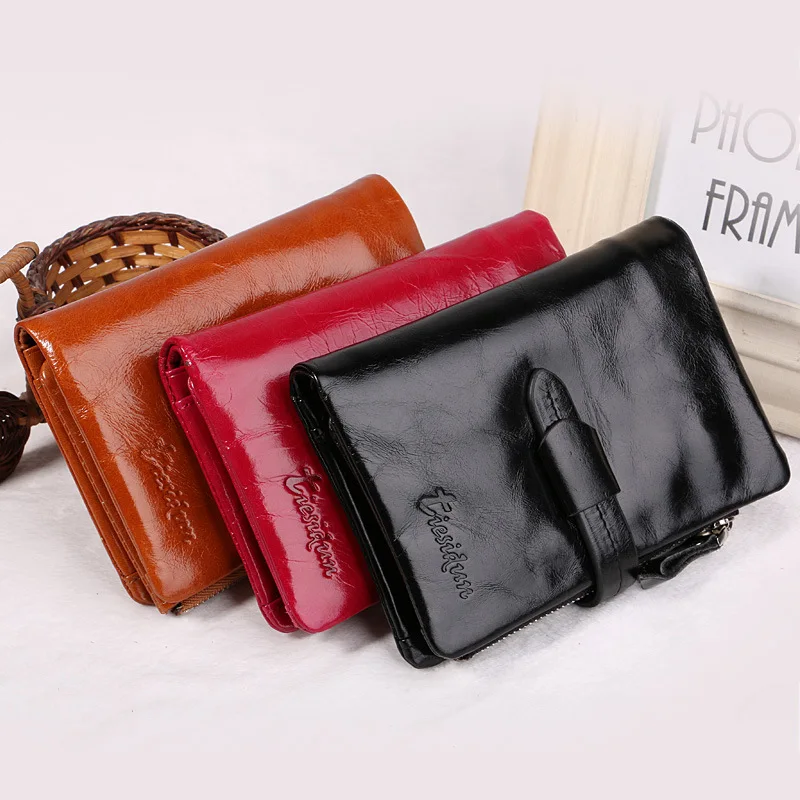 

Women 2016 Fashion Genuine Leather Purses with Coin Zipper Pockets Women's Short Design Wallet Iron Oil Leather Wallet Women N88
