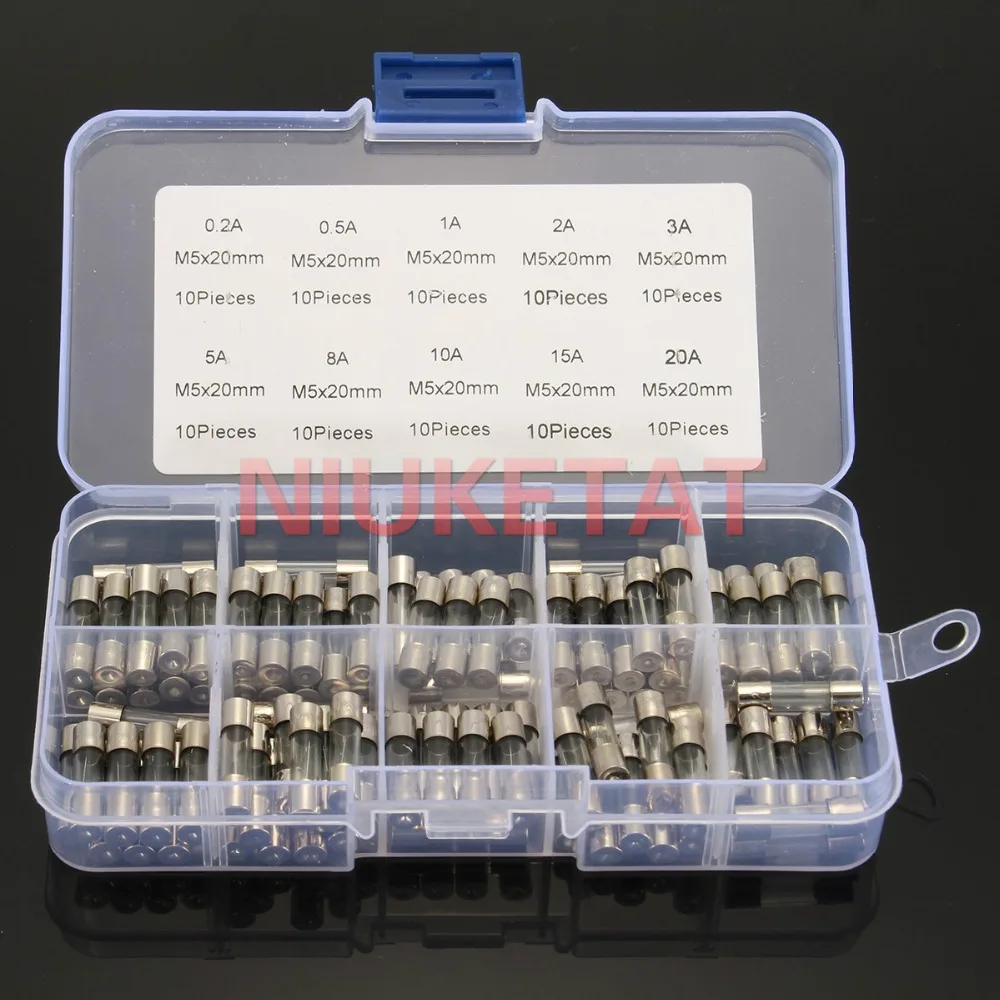 100pcs/box 5*20mm Glass Fuse Mix Set With Box 0.2A 0.5A 1A 2A 3A 5A 8A