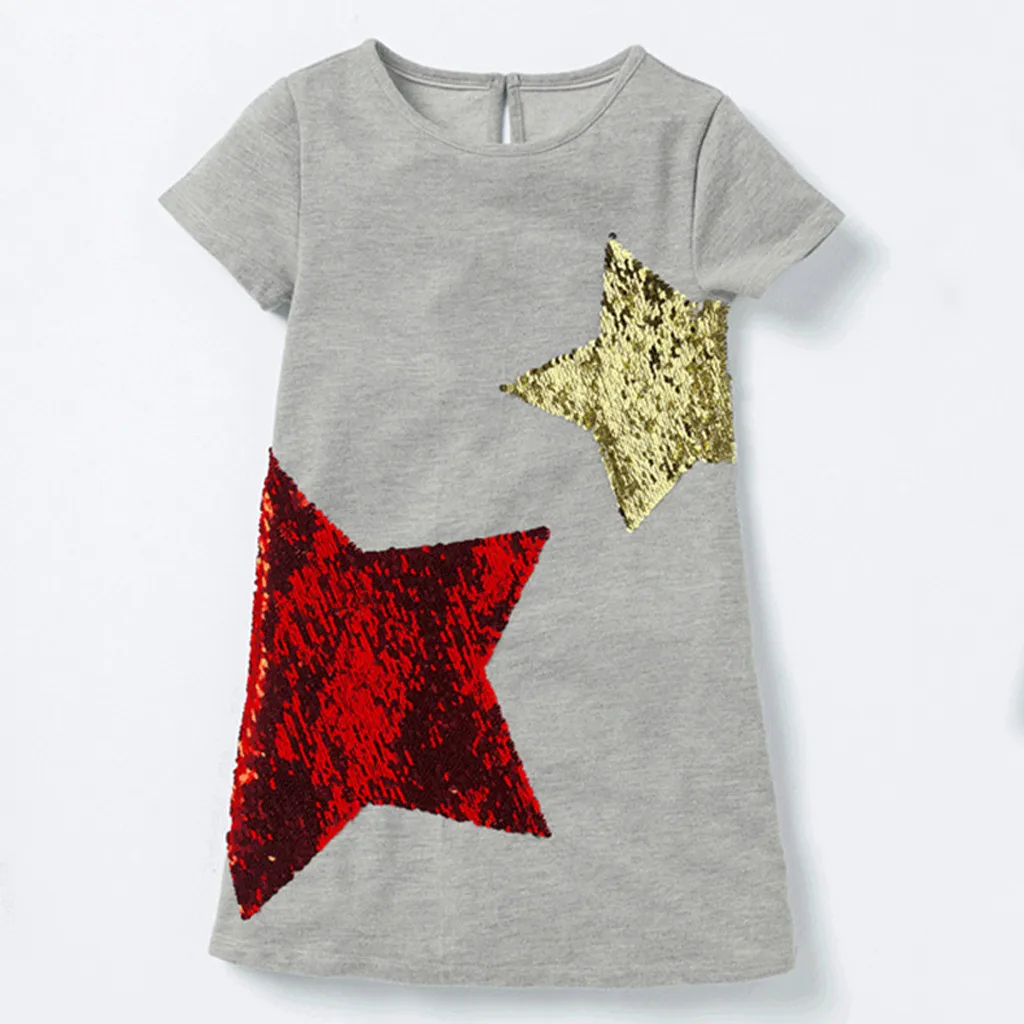 

Kids Clothes Toddler Baby Girls Dresses Stereoscopic Short Sleeve Cartoon Star Sequin Glitter Gray Knee Length Dress Clothing