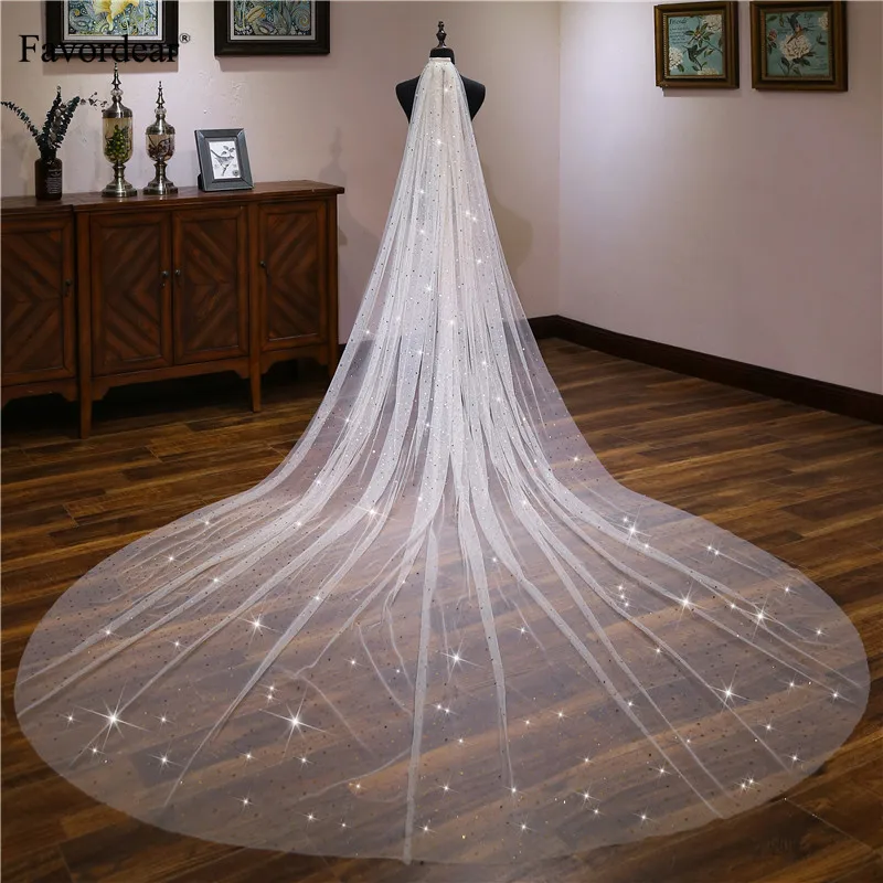 

Favordear Light Champagne Sequin Stars 1 Tier Cut-edge Cathedral Wedding Veil Long Velos De Noiva 4m Bridal Veil with Comb