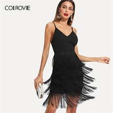 COLROVIE черное сексуальное женское платье с открытой спиной и многослойной бахромой на бретельках, летние облегающие вечерние мини-платья с высокой талией