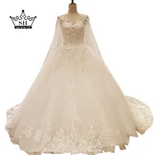 High-end White Low Back Wedding Dresses with Shawl Beaded Sequins Lace Ball Gown Floor Length Bridal Gowns Robe De Mariage