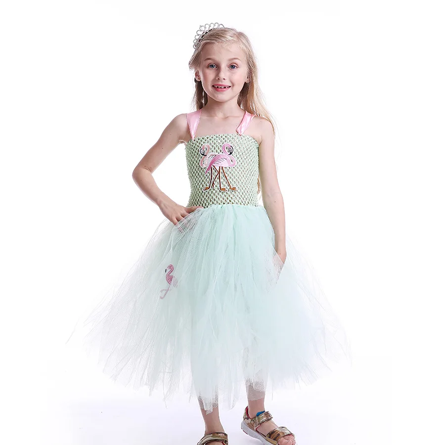 Kids Flamingo Pattern Tutu Dress Summer Girls Princess Ankle Length Tulle Clothes (1)
