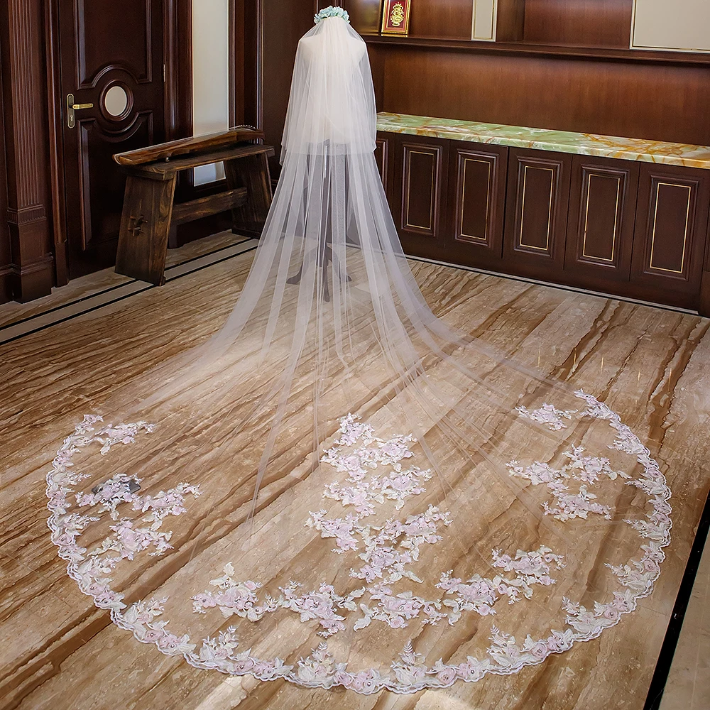 Cathedral Wedding Veil With Comb Pink Flower arrangement Appliques Soft Tulle 3m Meters Long Bridal Accessories | Свадьбы и