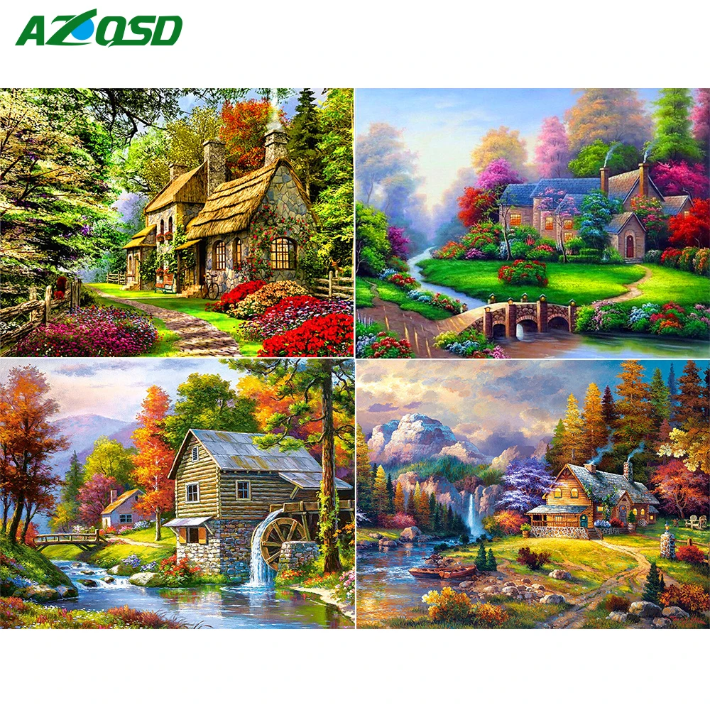 

AZQSD Diamond Painting Cross Stitch Landscape Rhinestones Scenic Diamond Embroidery Forest House Pattern DIY Full Square BB10451
