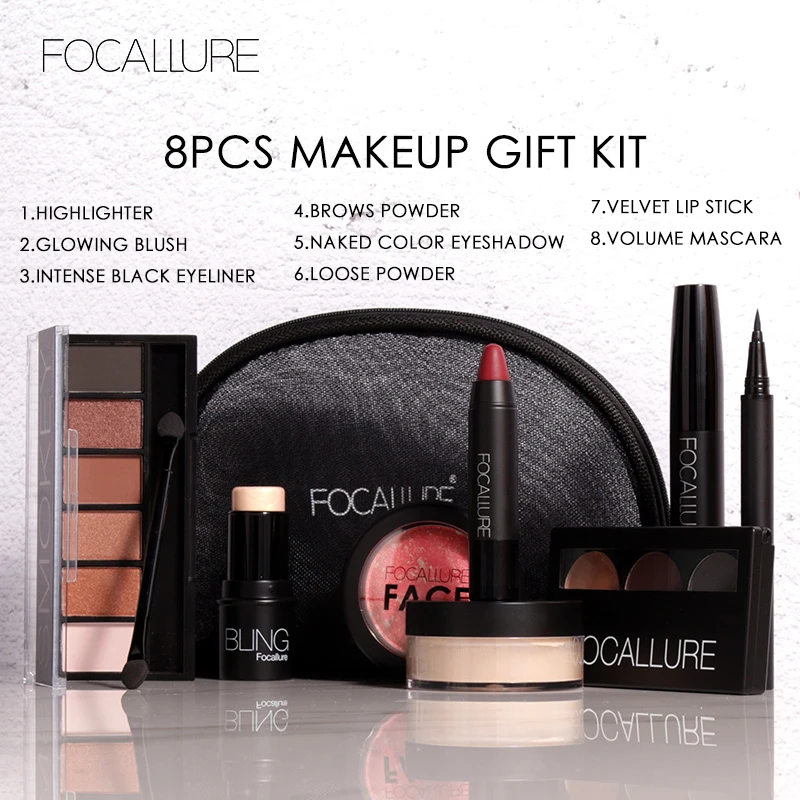 Цена FOCALLURE Makup Tool Kit 8 шт. макияж косметика в том числе тени для век Матовая помада с косметичка макияж комплект для подарка