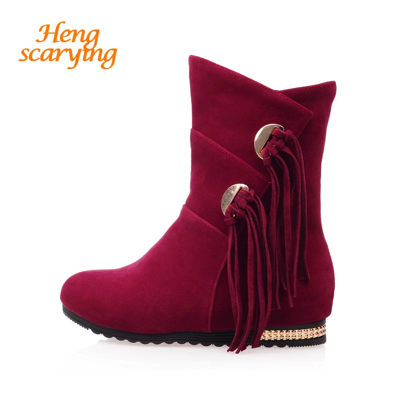 

2018 Women Snow Boots Winter Autumn Suede Mid Calf Fringe Flats High Slip On Boots Female Ladies Dress Red Tan Black Short Shoes