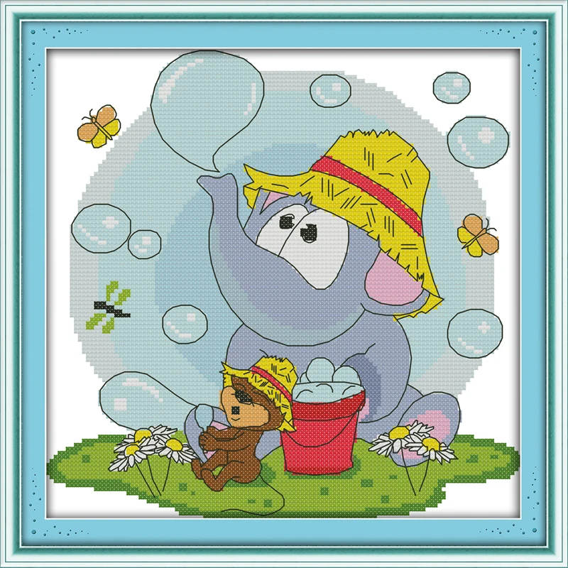 

Blow bubbles Elephant cartoon Cross stitch Wall Home counted pattern on canvas DMC 14CT Cross Stitch kits needlework embroidery