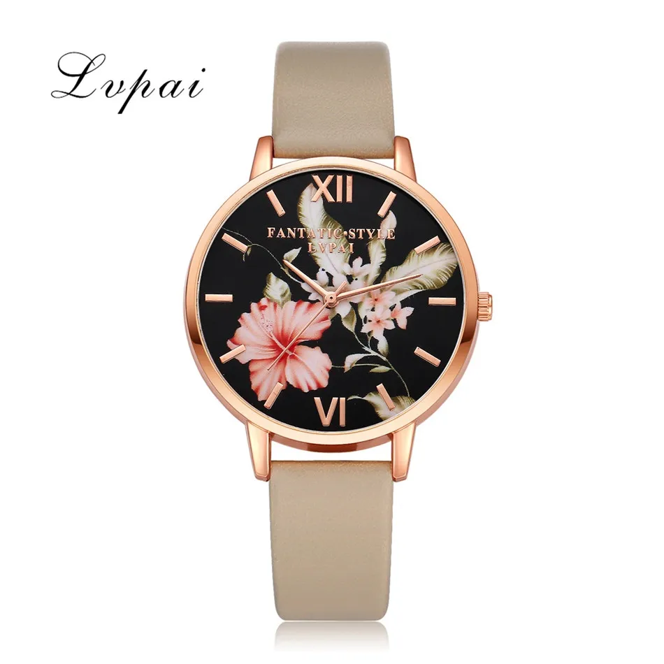 Lvpai Brand Women Bracelet Watch Fashion Rose Gold Flowers Leather Simple Women Dress Watches Luxury Business Clock Watch