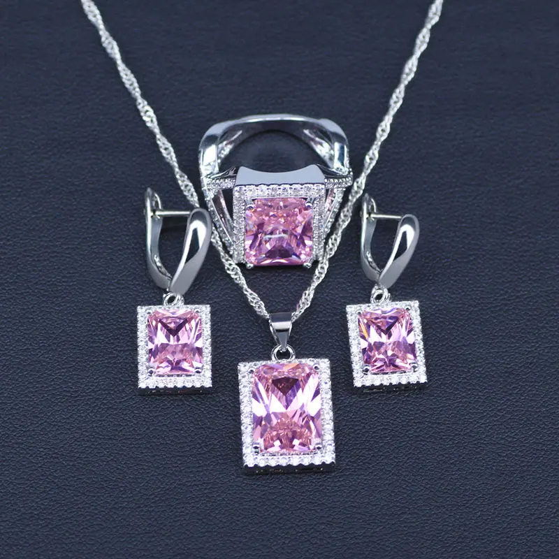 

Dubai Style 925 Sterling Silver Jewelry Sets Square Pink/Rainbow Blue/Rainbow Cubic Zirconia Pendants/Drop Earrings/Rings Sets