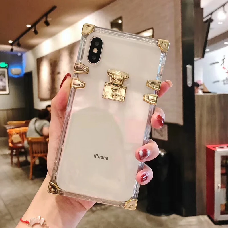 Aoweziic luxury brand square metal transparent soft silicone phone case For iphoneX XS MAX XR 6s 7 8plus cute clear cover fundas