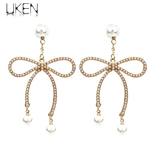 Uken New High Quality Gold Color Erfly Bow Knot Imitation Pearl Uken New High Quality Gold Color Erfly Bow Knot Imitation Pearl Drop Earrings For Women Fashion