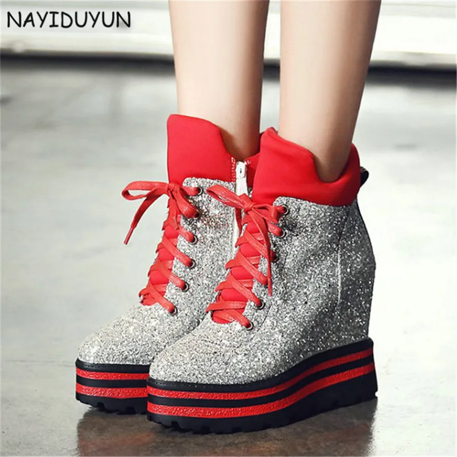 

NAYIDUYUN Winter Warm Snow Boots Womens Hi-Top Lace Up High Heels Ankle Boots Wedges Platform Party Punk Pumps Casual Shoes