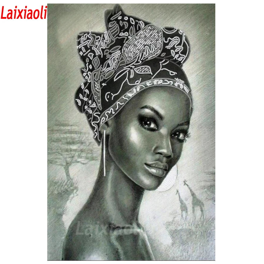 

diamond embroidery,5d diamond painting Afro Girl African lady diamond mosaic picture of rhinestones cross stitch black white art